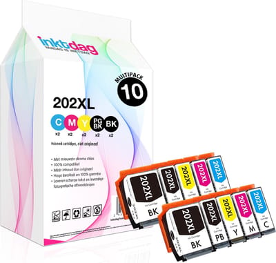 Inktdag inktcartridges voor Epson 202XL, Epson 202, Epson 202xl multipack van 10 kleuren (2*zwart, 2*foto zwart, 2*C/M/Y) Multipack van 10 cartridges voor Expression Premium XP 6000, XP 6005, XP 6100 en XP 6105