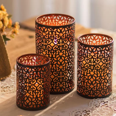 La'Moussawi ® Elegante Metalen Kaarsenhouder Set van Drie met Oosterse Sfeer