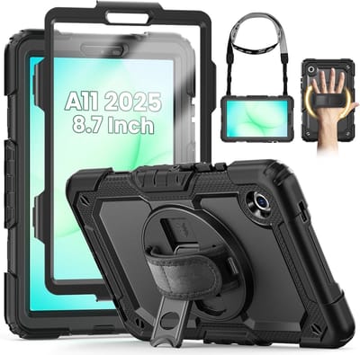 Hoes met ingebouwde Screenprotector Geschikt voor Samsung Galaxy A11 en A9 hoes - Extreme Armor met screenprotector, Schouderiem, Handriem en Pencilhouder hoes - voor Horeca en Bouw - Zwart