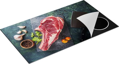 Chefcare Inductie Beschermer Vlees met een Mes op een Marmeren Plaat - 95x50 cm - Afdekplaat Inductie - Kookplaat Beschermer - Inductie Mat