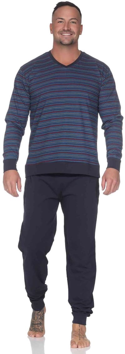 Lange Normann herenpyjama met manchetten in een gestreepte look - ook in grote maten