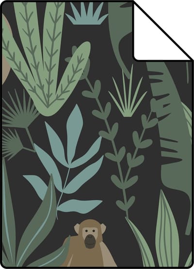 Proefstaal ESTAhome behang jungle apen zwart, donkergroen en mintgroen - 26.5 x 21 cm - 139074-S