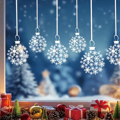Raamstickers kerst | Witte kerstballen met sneeuwvlokken - Kerstversiering - Raamdecoratie feestdagen