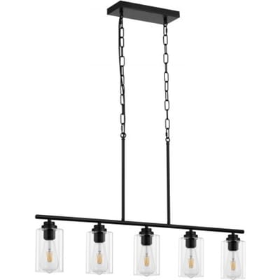 VEVOR 5-lichts hanglamp voor keukeneiland, 60W verstelbare eetkamerlamp met lampenkap van helder glas, 4 stangen, 2 metalen kettingen, lineaire kroonluchter in boerderijstijl