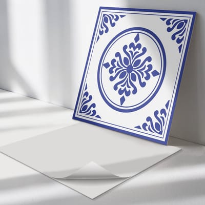 Wallfluent Vinyl Tegels - Patroon met Cirkels en Bloemen Vinyl Vloer Tegels - 30 cm x 30 cm - Blauw PVC Tegels - Set van 9 - Vierkant PVC Tegels - Texturen Plaktegels - Zelfklevende Vinyl Tegels - Plaktegels Keuken en Badkamer