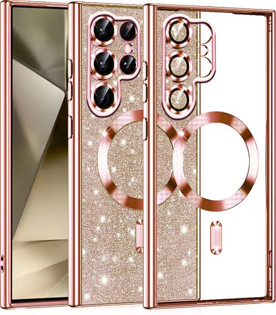 Hoesje geschikt voor Samsung Galaxy S22 Ultra - Techsuit Luxury Glitter Back Cover - Geschikt voor MagSafe - Roségoud