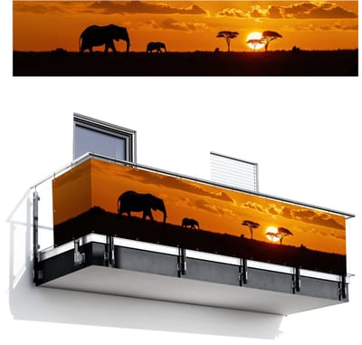 Balkonscherm 500x110 cm - Balkonposter Olifanten - Savanne - Zonsondergang - Balkon scherm decoratie - Balkonschermen - Balkondoek zonnescherm
