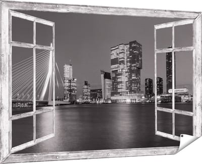 Gards Tuinposter Doorkijk Rotterdamse Skyline - Zwart Wit - 180x120 cm - Tuindoek - Tuindecoratie - Wanddecoratie buiten - Tuinschilderij