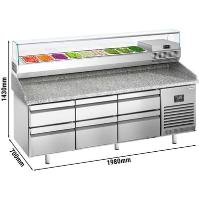 GGM Gastro Pizzakühltisch Premium PLUS - 1980x700mm - mit 6 Schubladen - inkl. Kühlaufsatzvitrine - 9x GN 1/4