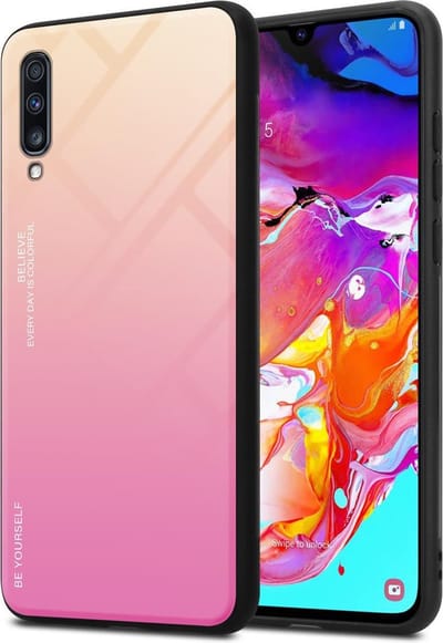 Cadorabo Hoesje geschikt voor Samsung Galaxy A70 / A70s in GEEL - ROZE - Tweekleurige beschermhoes van TPU-silicone Case Cover en achterzijde van gehard glas