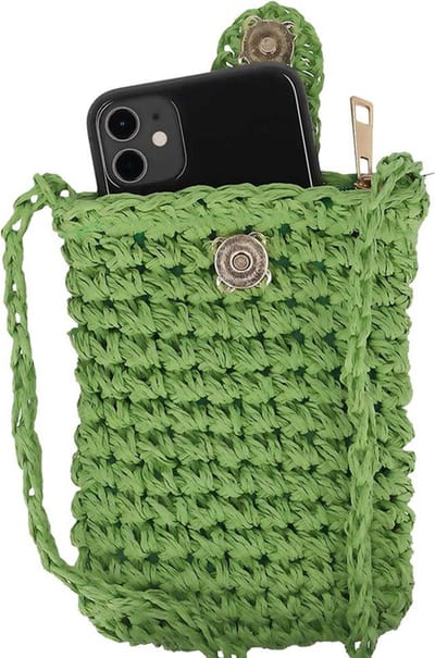 Telefoontasje dames met rits en drukknoop - Schoudertasje telefoon - Gevlochten papierstro - Groen