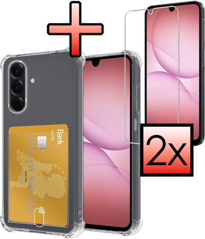Hoesje - Geschikt voor Samsung Galaxy A17 - Met 2x Screenprotector - Pashouder - Kaarthouder - Telefoon Hoes Shockproof - Siliconen Case - Back Cover - Shock Proof - Pasjes Houder - Transparant