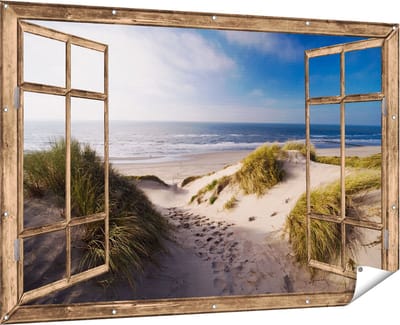 Gards Tuinposter Doorkijk Strand en Duinen - 180x120 cm - Tuindoek - Tuindecoratie - Wanddecoratie buiten - Tuinschilderij