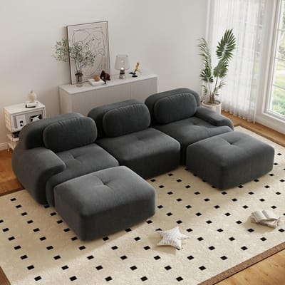 Moderne Hoekbank, U-Bank, 3-Zitsbank, Moderne 298 cm Brede, Converteerbare Hoekbank met 2 Voetenbankjes, U-vormige Modulaire Corduroy Bank, Compacte Bank voor 3-6 Personen voor de Woonkamer, Extra Diepe Zitting, Geen Montage Nodig-Grijs