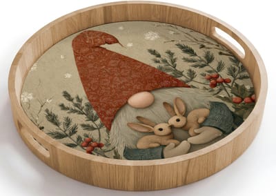 Dienblad rond 40x40 cm - Schootdienblad hout - Kerstgnome - Konijntjes - Kleurrijk - Borrelplank rechthoek - Plateau houten dienbladen