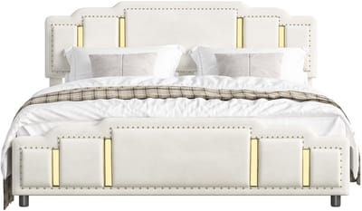 COVREO Bed met lades – 140 x 200 cm – Tweepersoonsbed van stof en metaal – met LED en opbergruimte – Beige - zonder matras