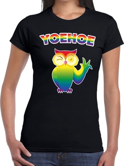 Yoehoe gay pride t-shirt zwart met regenboog tekst en knipogende uil voor dames - Gay pride/LGBT kleding XS
