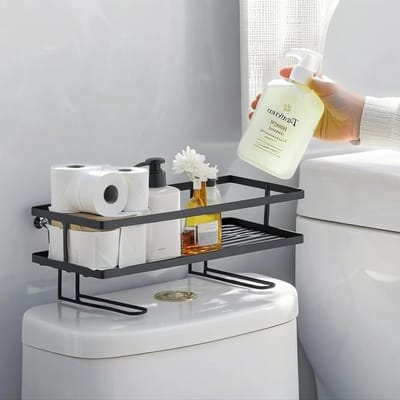 Grote capaciteit opslagrek boven het toilet, ruimtebesparende badkamerorganizer van roestvrij staal, eenvoudig te installeren zonder boren, multifunctionele badkamerplank (Zwart, 1 laag)