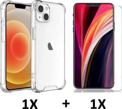 HB Hoesje Geschikt voor Apple iPhone 13 - Transparant / Glazen Screenprotector - Anti-Shock Hybrid Back Cover