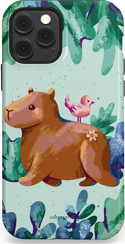 Casetastic Hoesje Geschikt voor Apple iPhone 12/12 Pro Magsafe - Stijlvolle Beschermende Duo-layer Case - Capibara Vogeltjes Vriend