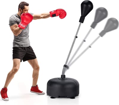 COSTWAY Punchingball 140-158 cm in hoogte verstelbaar, bokszakset vrijstaand, staande boksbal met vulbare standaard, boxset, boxset incl. bokshandschoenen voor kinderen en volwassenen