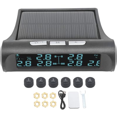 Système de surveillance de la pression des pneus TPMS à énergie solaire sans fil avec écran LCD et 6 capteurs, étanche IP68 black