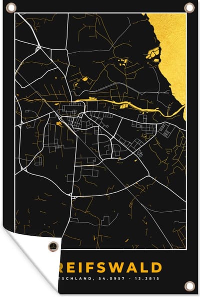 Muurdecoratie Black and Gold – Stadskaart – Greifswald – Duitsland – Plattegrond – Kaart - 120x180 cm - Tuinposter - Tuindoek