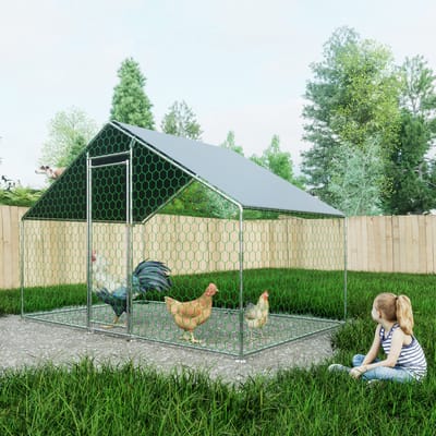 Buitenverblijf Kippenhok 3x2x2m met Veiligheidsslot en Waterdicht PE-doek, Buitenverblijf van Metaal voor Kippen, Konijnen en Andere Kleine Dieren, Zilver