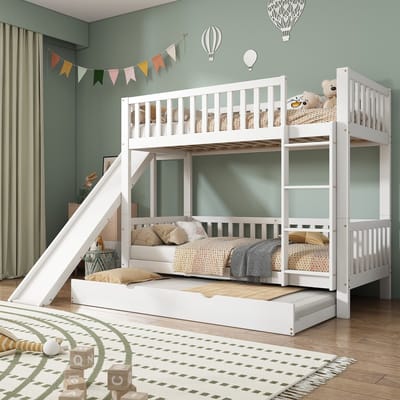KOMHTOM - Stapelbed met uitschuifbed - kinderbed - met valbeveiliging - met glijbaan - planken - met 4-treden rechte ladder - grenen + MDF - wit - 90x200/190 cm