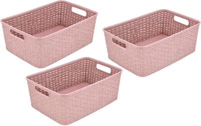 Opbergmand 12L Kunststof Roze – Set van 3 Mandjes Riet Look – Stapelbare Opbergbox en Opbergdoos 36x28x13,5 cm – Keukenkast en Kledingkast Organizer – Opbergmand Kinderkamer en Badkamer