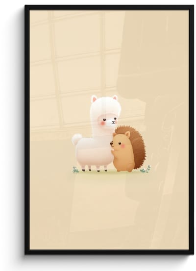 Poster in lijst - Fotolijst 80x120 cm - Posters - Alpaca - Egel - Bruin - Knuffelen - Posterlijst zwart - Decoratie - Wanddecoratie woonkamer - Muurdecoratie slaapkamer