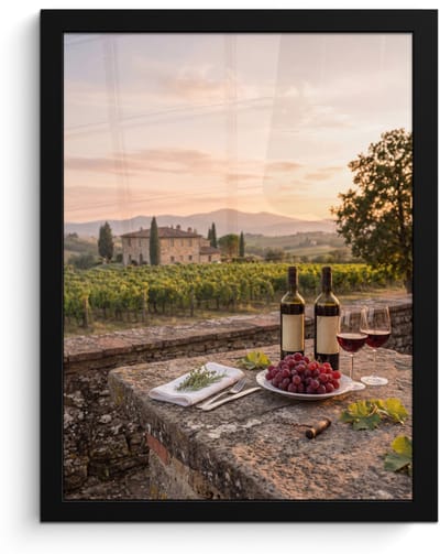 Poster in lijst - Fotolijst 30x40 cm - Posters - Wijn - Glazen - Druiven - Wijngaard - Posterlijst zwart - Decoratie - Wanddecoratie woonkamer - Muurdecoratie slaapkamer