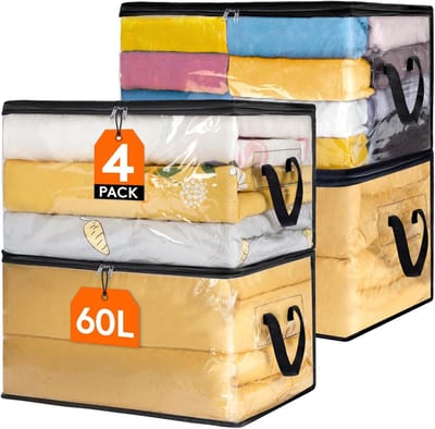 MeubelsvanJoep 4 stuks opbergdozen 55 x 35 x 31.5 CM, 60 Liter, opbergdoos met deksel, versterkte handgreep, kleding, opbergtas, kledingdoos, verhuisdozen voor kleding, jurken, beddengoed, transparant