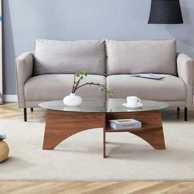 DESMIU Salontafel - Ovaal Veiligheidsglas Met Notenhouten Onderstel - Voor Woonkamer En Bijzetgebruik - MDF En Glas - 104,9 X 60 Cm - Transparant En Walnoot