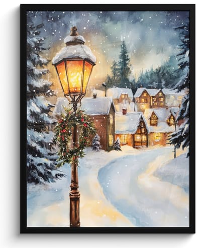 Poster in lijst - Fotolijst 50x70 cm - Posters - Kerstdorp - Huizen - Sneeuw - Kerst - Posterlijst zwart - Decoratie - Wanddecoratie woonkamer - Kerstdecoratie voor binnen - Kerstversiering - Kerstmis versiering in huis - Kerstaccessoires