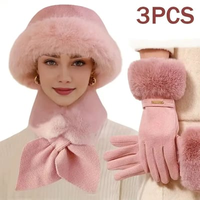 3-delige Winterset Dames – Warme Dikke Muts, Sjaal en Handschoenen Set met Bont | Winddichte Winteraccessoires voor Buitenactiviteiten & Kerstcadeau Vrouwen
