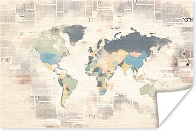 Poster 30x20 cm - Wereldkaart - Vintage - Pastel - Posters - Kamer decoratie - Wanddecoratie woonkamer - Muurdecoratie slaapkamer