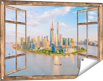 Gards Tuinposter Doorkijk Skyline Shanghai Stad in China - 90x60 cm - Tuindoek - Tuindecoratie - Wanddecoratie buiten - Tuinschilderij