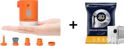Flextail Gear 1x Max Pump 2 Pro Luchtbedpomp - 4 in 1 - Luchtpomp, Lantaarn, Vacuümpomp, Noodpowerbank - Oranje + Vacuüm opbergzakken voor kleding - 80x60 cm - 4 stuks