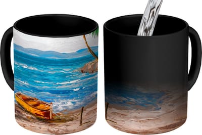 Magische Mok - Foto op Warmte Mokken - Koffiemok - Schilderij - Olieverf - Strand - Palmboom - Boot - Magic Mok - Beker - 350 ML - Theemok