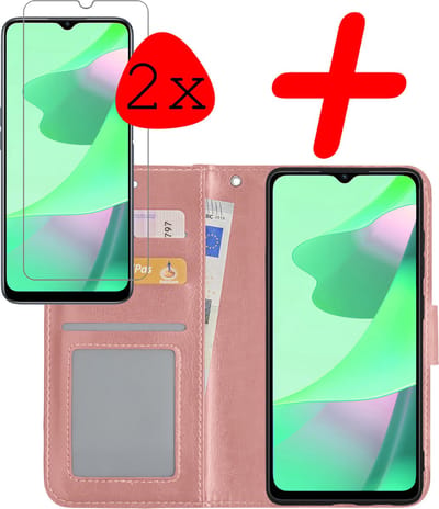 Hoesje Met 2x Screenprotector - Geschikt voor OPPO A16s - Luxe Pasjeshouder - Bookcase Portemonee - Flip Case - Kunstleer Book Case - Flipcase Hoes - Book Cover - Walletcase - Portemonneehoes - Rosé goud