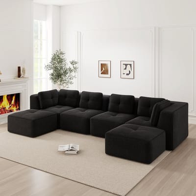 MODENUIT Hoekbank U-Vorm - Modulair Ontwerp Met Ottoman En Diepe Zitting - Voor Woonkamer - Corduroy Zwart