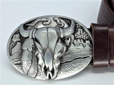 Ossenkop big Buckle aan Lederen bruine riem, gestikt motief, 125cm
