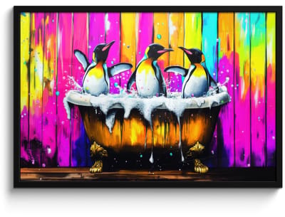 Poster in lijst - Fotolijst 90x60 cm - Posters - Pinguïns - Badkuip - Kleurrijk - Schuim - Posterlijst zwart - Decoratie - Wanddecoratie woonkamer - Muurdecoratie slaapkamer