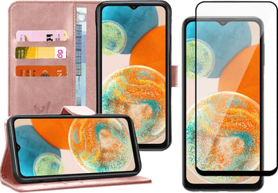 Hoesje geschikt voor Samsung A23 - Book Case Kunstleer Wallet Cover Portemonnee Pasjeshouder Hoes Roségoud - Full Tempered Glass Screenprotector