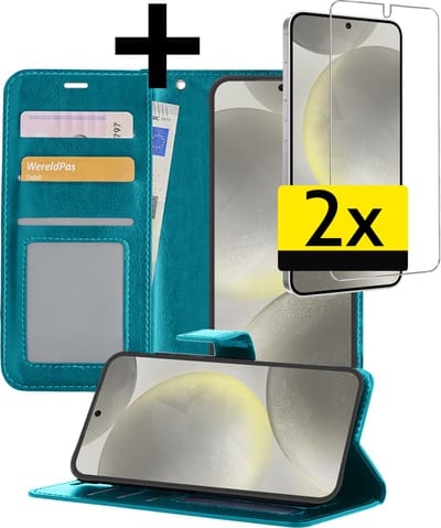 Hoesje - Met 2x Screenprotector - Geschikt voor Samsung Galaxy S24 - Luxe Pasjeshouder - Bookcase Portemonee - Flip Case - Kunstleer Book Case - Flipcase Hoes - Book Cover - Walletcase - Portemonneehoes - Telefoonhoesjes - Turquoise