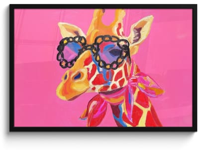Poster in lijst - Fotolijst 90x60 cm - Posters - Giraf - Roze - Bril - Sjaal - Posterlijst zwart - Decoratie - Wanddecoratie woonkamer - Muurdecoratie slaapkamer