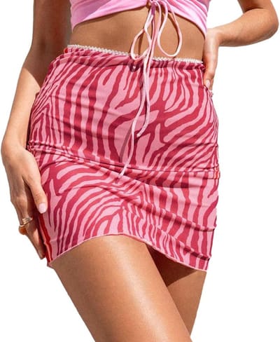 Geprinte Mesh Rok voor Dames - Sexy Hoge Taille Mini Skaterrok met Dubbele Laag en Elastische Taille voor Feest en Zomer, Roze, S-L