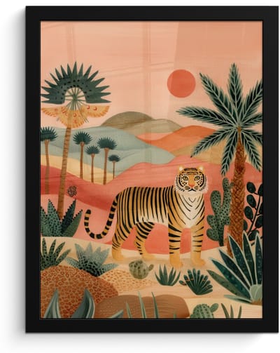 Poster in lijst - Fotolijst 30x40 cm - Posters - Tijger - Kleurrijk - Palmen - Cactus - Posterlijst zwart - Decoratie - Wanddecoratie woonkamer - Muurdecoratie slaapkamer