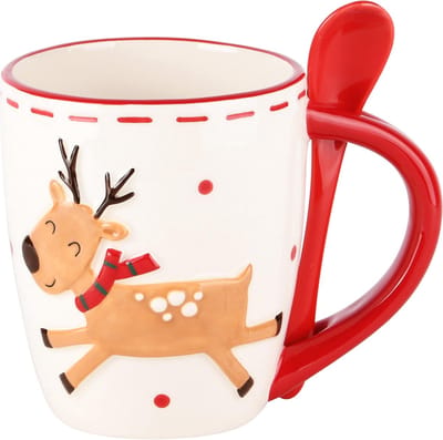 Dekoratief | Mok m/lepel m/rendier, dolomiet, wit/rood, 13x9x11cm | A245040
